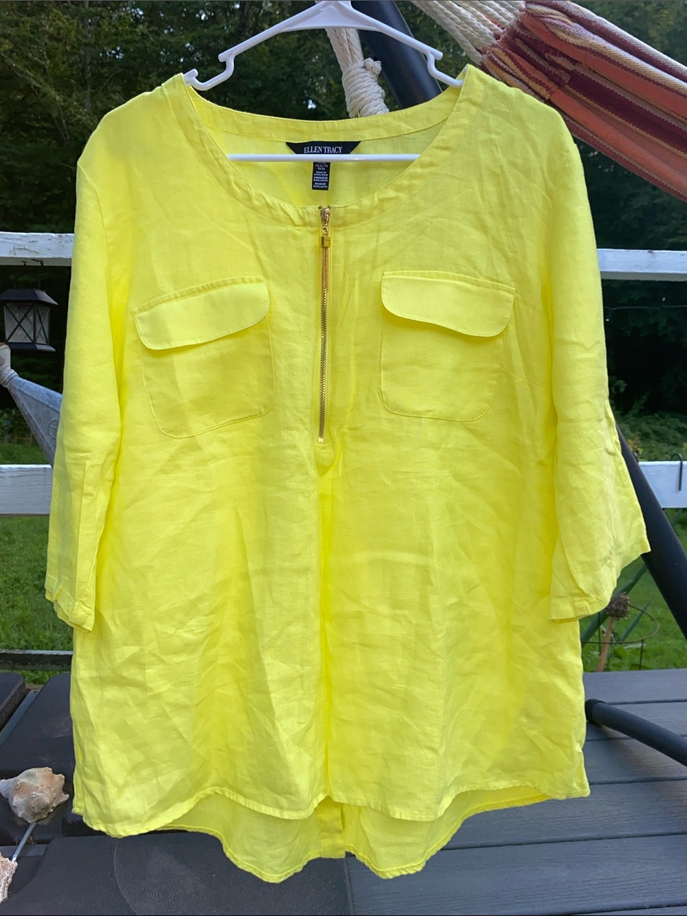 Ellen Tracy Yellow 100% Linen Utility Top Zipper Blouse XL